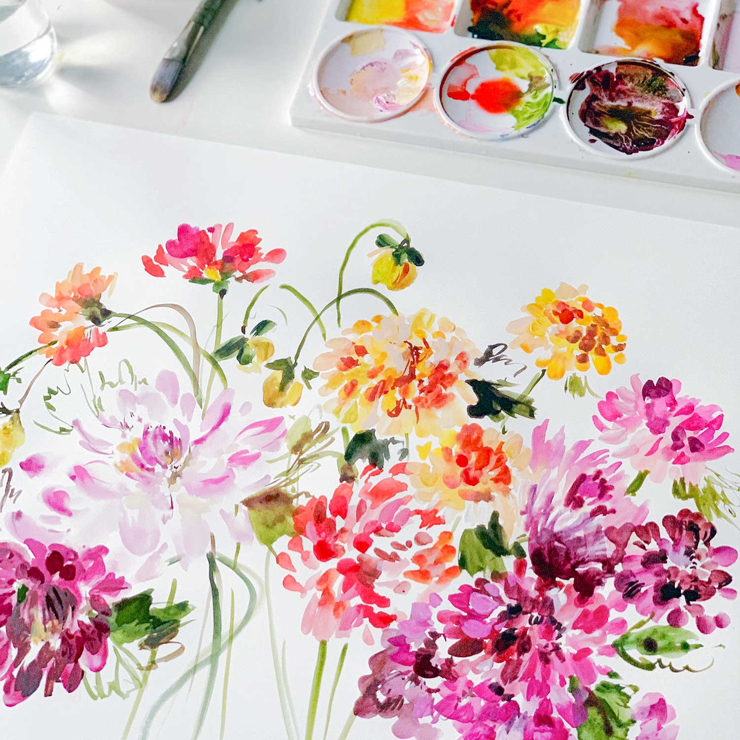 Water color by Kelly Ventura featuring the design for the Garden Brights melamine Collection