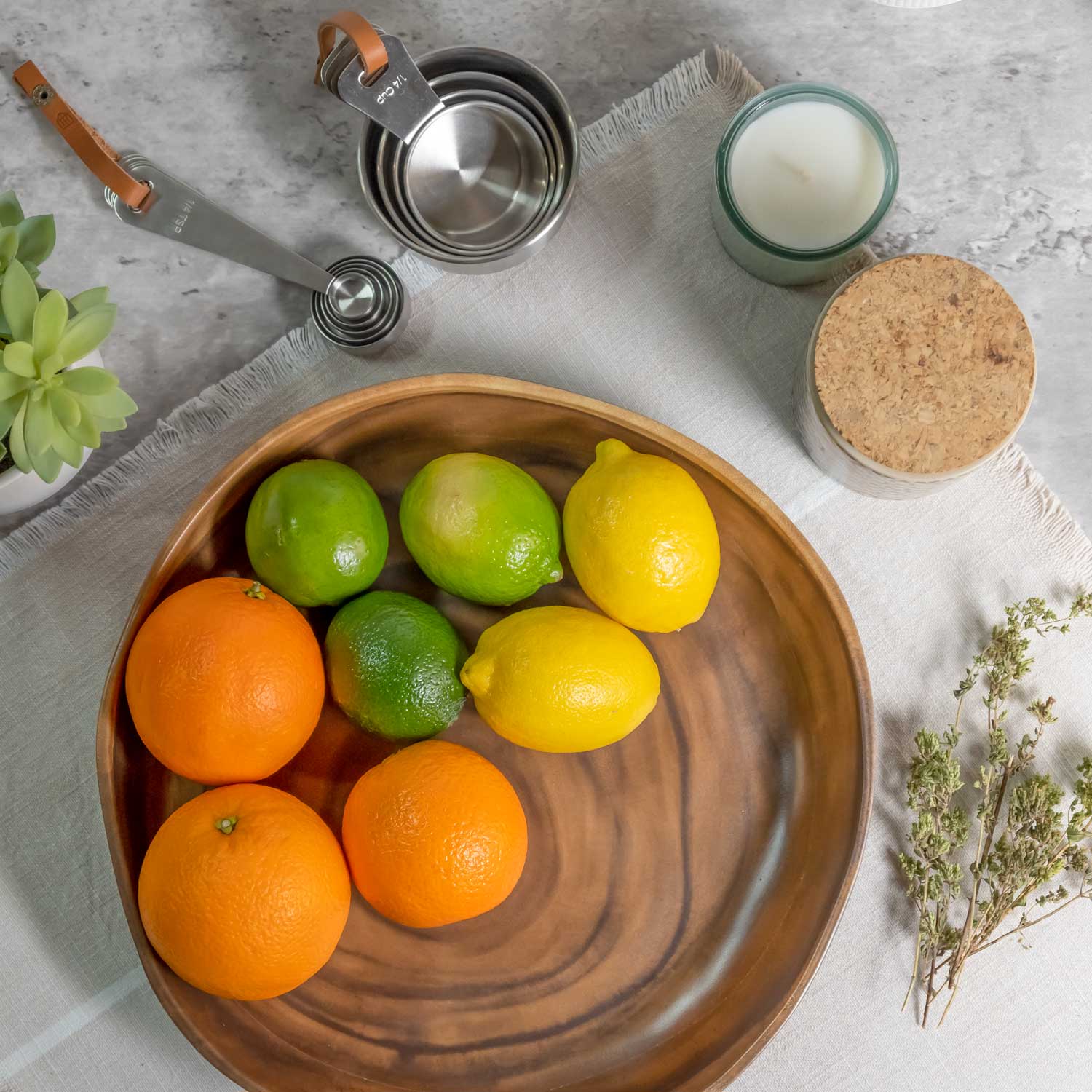 Melamine Wood Serving Tray: Merritt Designs Sequoia 12-inch Tray with various citrus fruits