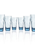 Set of 6, 17-ounce blue acrylic tumbler glasses from the Merritt Designs Cascade collection. Front view on white background