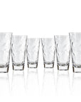 Set of 6, 17-ounce clear acrylic tumbler glasses from the Merritt Designs Cascade collection. Front view on white background